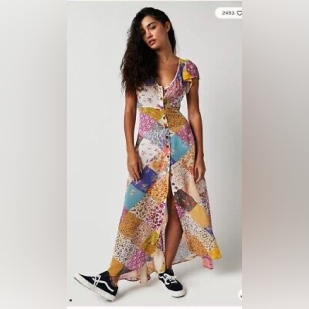 Free People Dixie Vintage Patchwork Buttonfront Colorful Maxi Dress